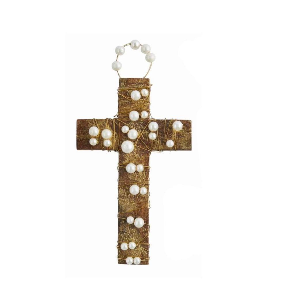 Pearl Wood Cross Ornament Ast