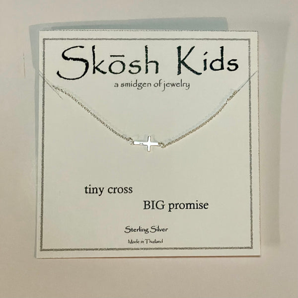 Child's Tiny Sideways Sterling Silver Cross Skosh Kids  Necklace in Gold 55-973-56 or Silver 55-973- 57