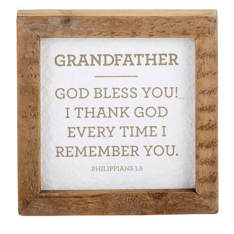 Framed Grandfather Scripture Phil 1:3 I thank God Wood Tabletop Plaque 5x5