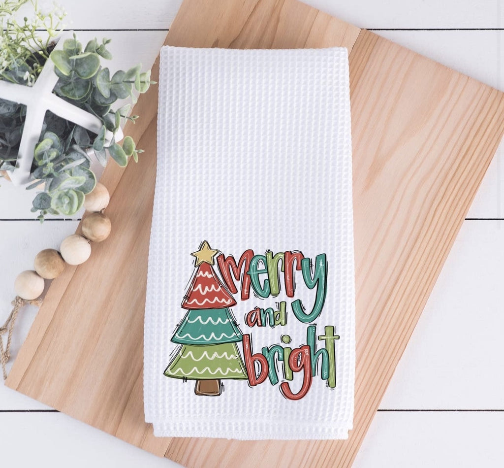 Merry and bright whimsical tree tea towel