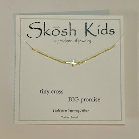Child's Tiny Sideways Sterling Silver Cross Skosh Kids  Necklace in Gold 55-973-56 or Silver 55-973- 57
