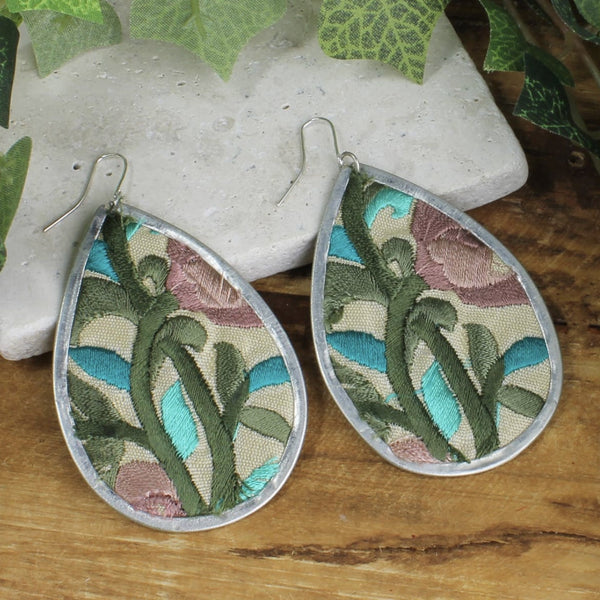 Embroidered floral essence, turquoise Earrings
