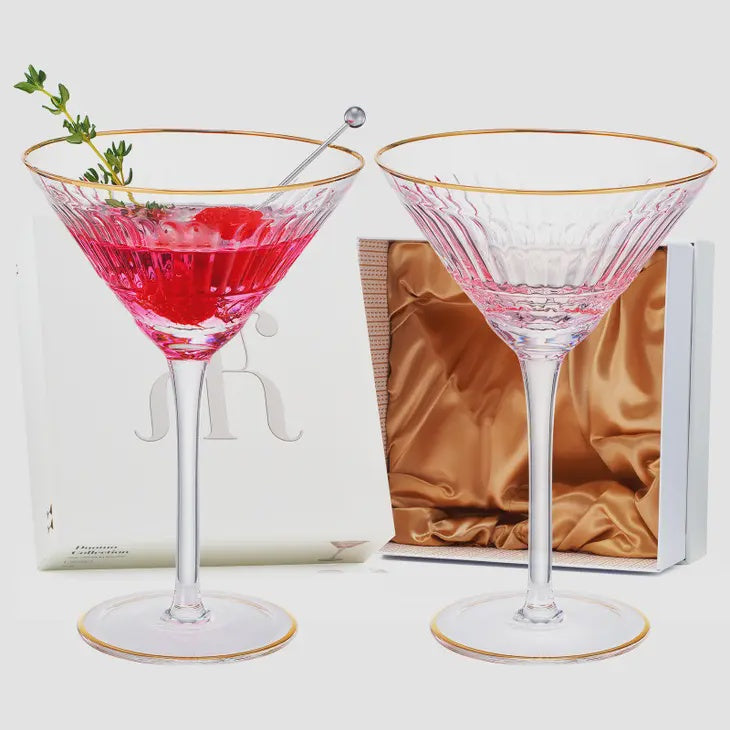 Gold Rim Colored Martini Glasses | Set of 2 | 8 oz (Pink)