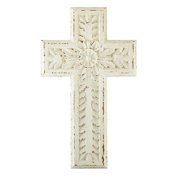 Wall Cross White Carved Wood