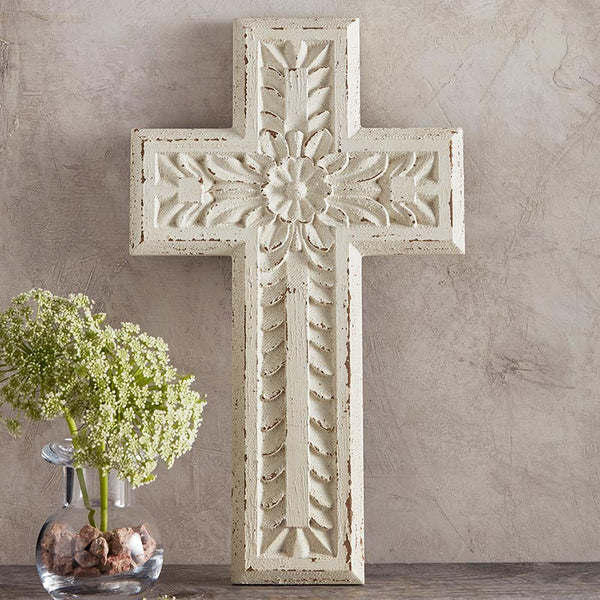 Wall Cross White Carved Wood