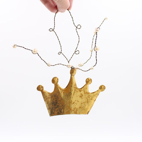 5.5" Gold Metal Crown Ornament with Pearls